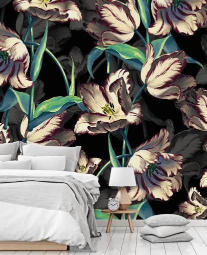 gran mural de papel pintado floral llamado Night Forest XIII de Burcu Korkmazyurek para dormitorios y salones gran mural de papel pintado floral llamado Night Forest XIII de Burcu Korkmazyurek para dormitorios y salones