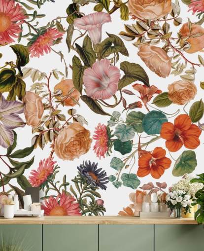 carta da parati murale floreale chiamata Romantic Garden di Burcu Korkmazyurek per salotti e camere da letto