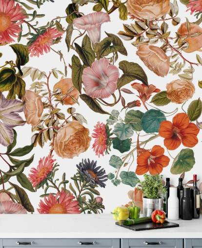 mural de papel pintado floral llamado Romantic Garden de Burcu Korkmazyurek para salas de estar y dormitorios