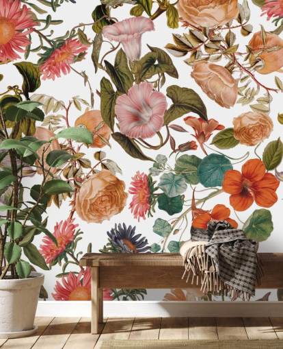 mural de papel de parede floral chamado Jardim Romântico de Burcu Korkmazyurek para salas de estar e quartos
