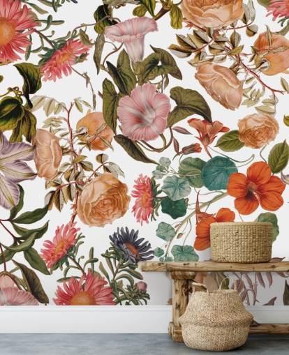 mural de papel pintado floral llamado Romantic Garden de Burcu Korkmazyurek para salas de estar y dormitorios