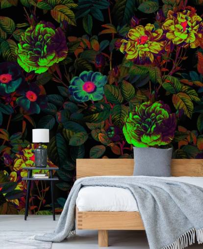 neon floral wallpaper mural called Neon Night Garden by Burcu Korkmazyurek for bedrooms, living rooms and bathrooms