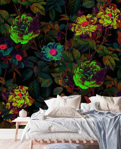 neon floral wallpaper mural called Neon Night Garden by Burcu Korkmazyurek for bedrooms, living rooms and bathrooms