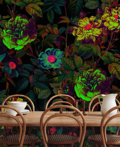 neon floral wallpaper mural called Neon Night Garden by Burcu Korkmazyurek for bedrooms, living rooms and bathrooms