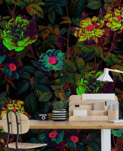 mural de papel pintado floral de neón llamado Neon Night Garden de Burcu Korkmazyurek para dormitorios, salas de estar y baños