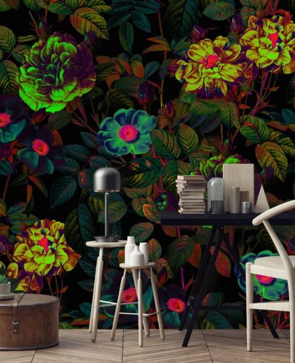 neon floral wallpaper mural called Neon Night Garden by Burcu Korkmazyurek for bedrooms, living rooms and bathrooms neon floral wallpaper mural called Neon Night Garden by Burcu Korkmazyurek for bedrooms, living rooms and bathrooms