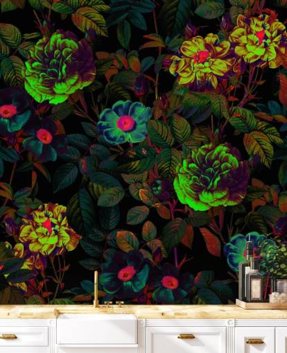 mural de papel pintado floral de neón llamado Neon Night Garden de Burcu Korkmazyurek para dormitorios, salas de estar y baños