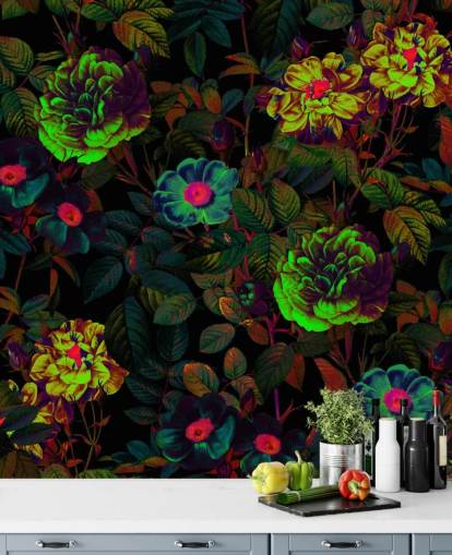 neon blommig tapetväggmålning kallad Neon Night Garden av Burcu Korkmazyurek för sovrum, vardagsrum och badrum neon blommig tapetväggmålning kallad Neon Night Garden av Burcu Korkmazyurek för sovrum, vardagsrum och badrum