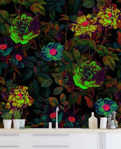 neon floral tapet veggmaleri kalt Neon Night Garden av Burcu Korkmazyurek for soverom, stuer og bad neon floral tapet veggmaleri kalt Neon Night Garden av Burcu Korkmazyurek for soverom, stuer og bad