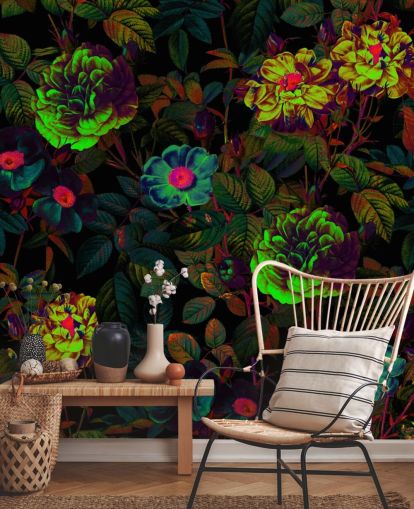 neon floral tapet veggmaleri kalt Neon Night Garden av Burcu Korkmazyurek for soverom, stuer og bad