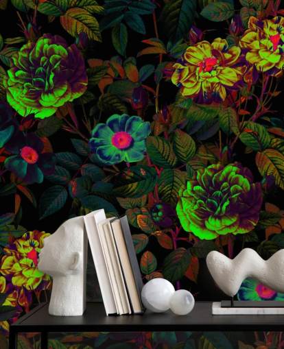papier peint floral au néon appelé Neon Night Garden de Burcu Korkmazyurek pour les chambres, les salons et les salles de bain papier peint floral au néon appelé Neon Night Garden de Burcu Korkmazyurek pour les chambres, les salons et les salles de bain