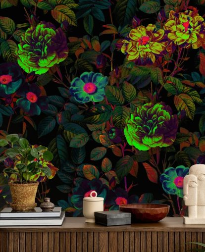 neon floral wallpaper mural called Neon Night Garden by Burcu Korkmazyurek for bedrooms, living rooms and bathrooms