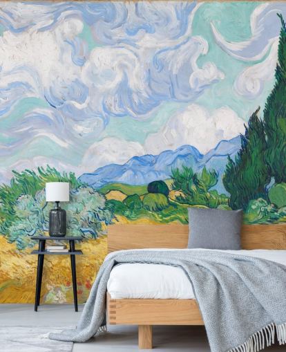 Kunsttapete mit dem Titel A Wheatfield with Cypress von Vincent Van Gogh für Schlafzimmer und Lounges