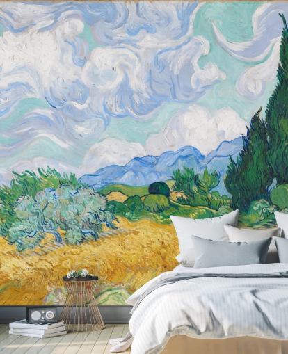 kunstmuurschildering genaamd A Wheatfield with Cypresses van Vincent Van Gogh voor slaapkamers en lounges