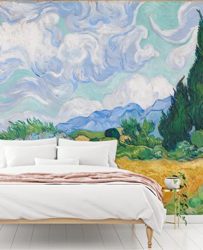 fresque murale d'art intitulée Un champ de blé avec des cyprès de Vincent Van Gogh pour les chambres et les salons fresque murale d'art intitulée Un champ de blé avec des cyprès de Vincent Van Gogh pour les chambres et les salons