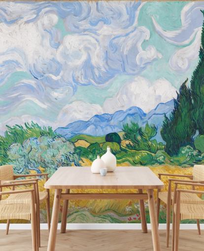 fine art wall mural called A Wheatfield with Cypresses by Vincent Van Gogh for bedrooms and lounges