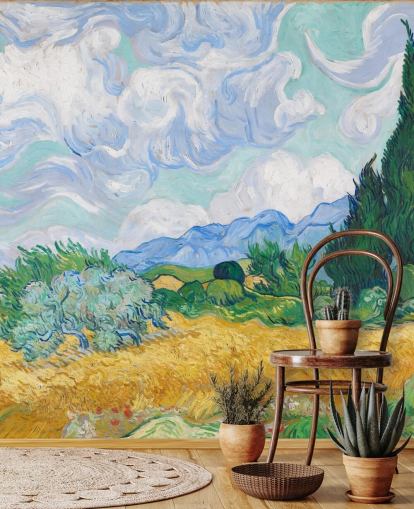 mural de parede de belas artes chamado A Wheatfield with Cypresses de Vincent Van Gogh para quartos e salões