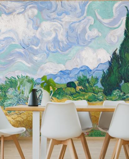 fresque murale d'art intitulée Un champ de blé avec des cyprès de Vincent Van Gogh pour les chambres et les salons