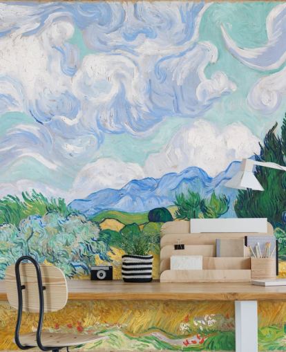 mural de pared de bellas artes llamado Un campo de trigo con cipreses de Vincent Van Gogh para dormitorios y salones mural de pared de bellas artes llamado Un campo de trigo con cipreses de Vincent Van Gogh para dormitorios y salones