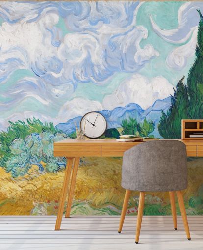 kunstmuurschildering genaamd A Wheatfield with Cypresses van Vincent Van Gogh voor slaapkamers en lounges