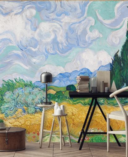 mural de parede de belas artes chamado A Wheatfield with Cypresses de Vincent Van Gogh para quartos e salões