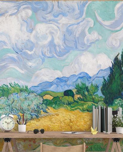 mural de pared de bellas artes llamado Un campo de trigo con cipreses de Vincent Van Gogh para dormitorios y salones