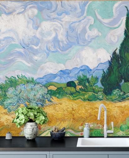 fine art wall mural called A Wheatfield with Cypresses by Vincent Van Gogh for bedrooms and lounges