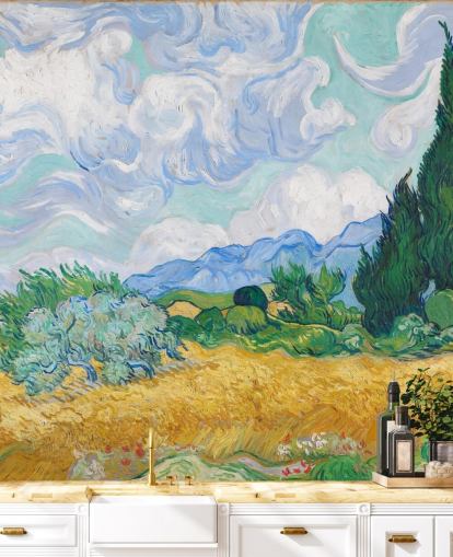 kunstveggmaleri kalt A Wheatfield with Cypresses av Vincent Van Gogh for soverom og salonger kunstveggmaleri kalt A Wheatfield with Cypresses av Vincent Van Gogh for soverom og salonger