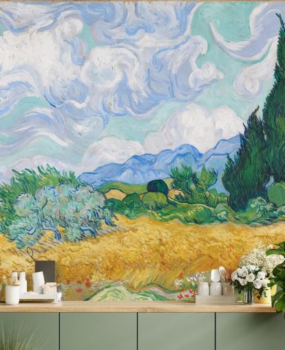fine art wall mural called A Wheatfield with Cypresses by Vincent Van Gogh for bedrooms and lounges