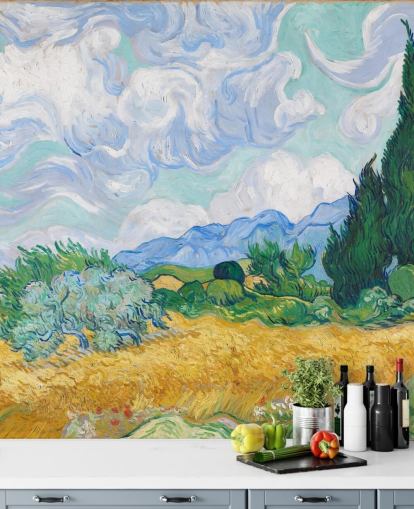 fine art wall mural called A Wheatfield with Cypresses by Vincent Van Gogh for bedrooms and lounges