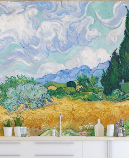 fine art wall mural called A Wheatfield with Cypresses by Vincent Van Gogh for bedrooms and lounges fine art wall mural called A Wheatfield with Cypresses by Vincent Van Gogh for bedrooms and lounges