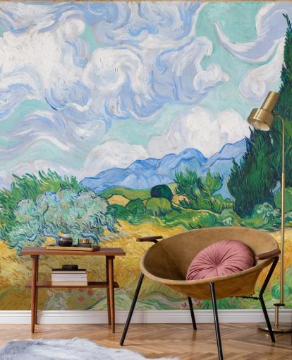 mural de pared de bellas artes llamado Un campo de trigo con cipreses de Vincent Van Gogh para dormitorios y salones