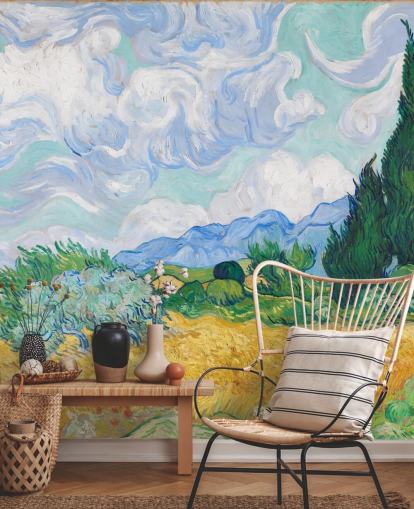 kunstvægmaleri kaldet A Wheatfield with Cypresses af Vincent Van Gogh til soveværelser og lounger