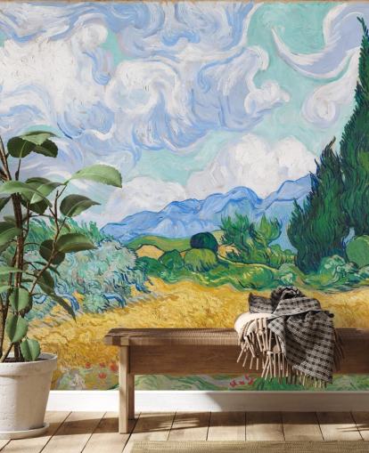 Kunsttapete mit dem Titel A Wheatfield with Cypress von Vincent Van Gogh für Schlafzimmer und Lounges