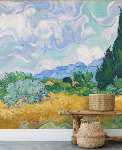 murale d'arte chiamato A Wheatfield with Cypresses di Vincent Van Gogh per camere da letto e salotti murale d'arte chiamato A Wheatfield with Cypresses di Vincent Van Gogh per camere da letto e salotti