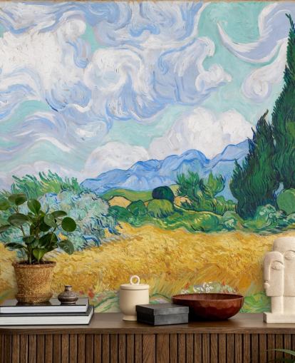 mural de parede de belas artes chamado A Wheatfield with Cypresses de Vincent Van Gogh para quartos e salões