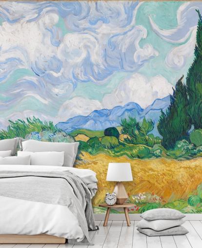 kunstveggmaleri kalt A Wheatfield with Cypresses av Vincent Van Gogh for soverom og salonger kunstveggmaleri kalt A Wheatfield with Cypresses av Vincent Van Gogh for soverom og salonger