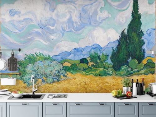 mural de parede de belas artes chamado A Wheatfield with Cypresses de Vincent Van Gogh para quartos e salões