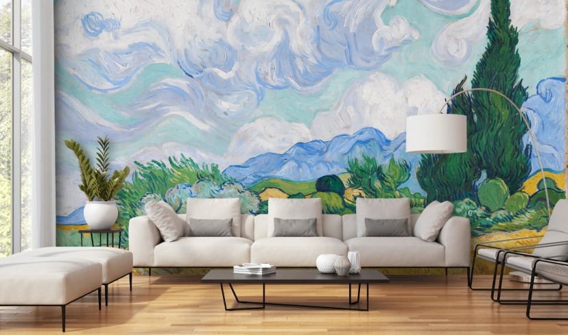 kunstmuurschildering genaamd A Wheatfield with Cypresses van Vincent Van Gogh voor slaapkamers en lounges