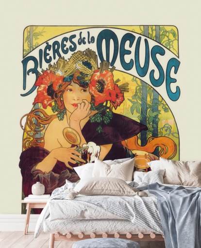 konst tapetväggmålning kallad Bieres de la Meuse av Alphonse Mucha vid lounger och sovrum