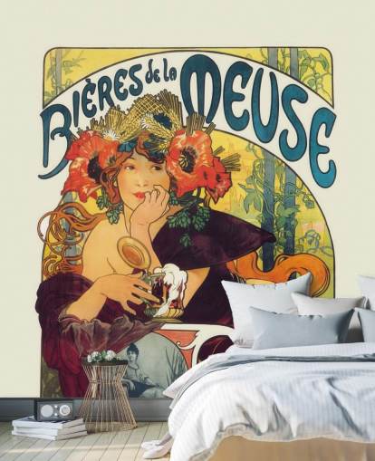 fine art wallpaper mural called Bieres de la Meuse by Alphonse Mucha by lounges and bedrooms fine art wallpaper mural called Bieres de la Meuse by Alphonse Mucha by lounges and bedrooms