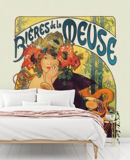 fine art wallpaper mural called Bieres de la Meuse by Alphonse Mucha by lounges and bedrooms