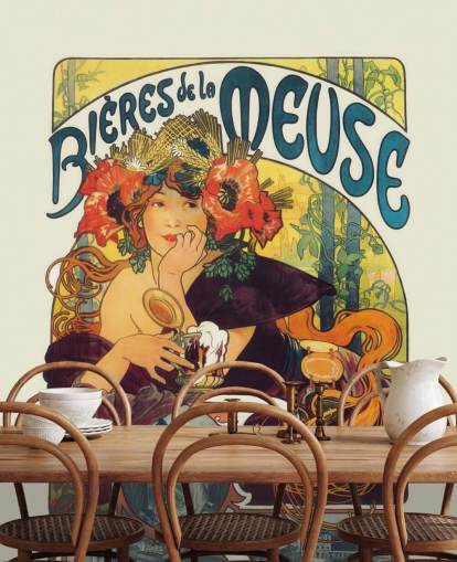 Kunsttapete mit dem Titel Bieres de la Meuse von Alphonse Mucha von Lounges and Bedrooms Kunsttapete mit dem Titel Bieres de la Meuse von Alphonse Mucha von Lounges and Bedrooms