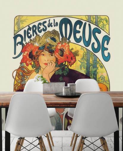 kunsttapet vægmaleri kaldet Bieres de la Meuse af Alphonse Mucha ved lounger og soveværelser