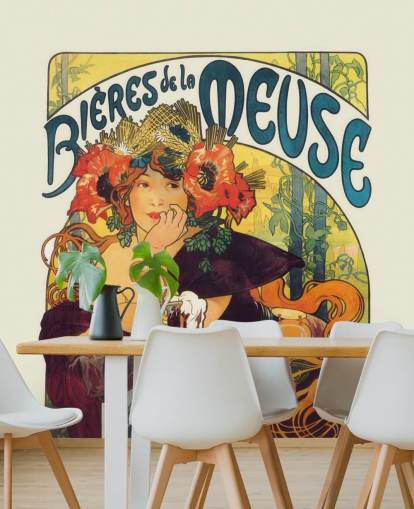 kunstbehangmuurschildering genaamd Bieres de la Meuse van Alphonse Mucha van lounges en slaapkamers kunstbehangmuurschildering genaamd Bieres de la Meuse van Alphonse Mucha van lounges en slaapkamers