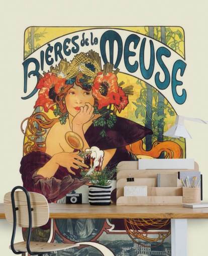 kunsttapet veggmaleri kalt Bieres de la Meuse av Alphonse Mucha ved salonger og soverom