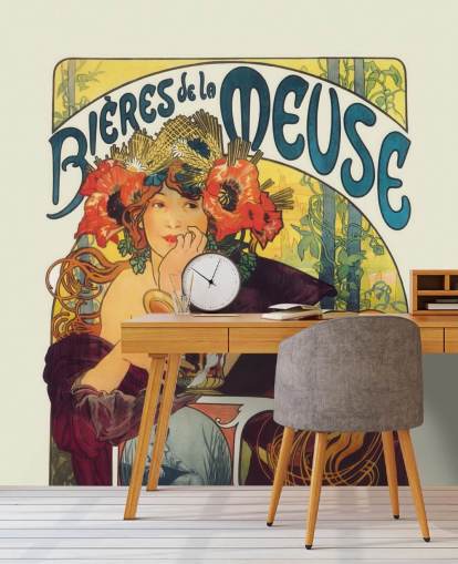 fine art wallpaper mural called Bieres de la Meuse by Alphonse Mucha by lounges and bedrooms