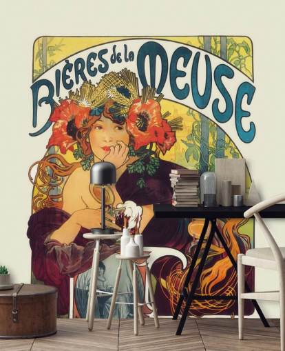 mural de papel de parede de belas artes chamado Bieres de la Meuse de Alphonse Mucha por salões e quartos