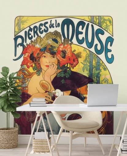 mural de papel de parede de belas artes chamado Bieres de la Meuse de Alphonse Mucha por salões e quartos