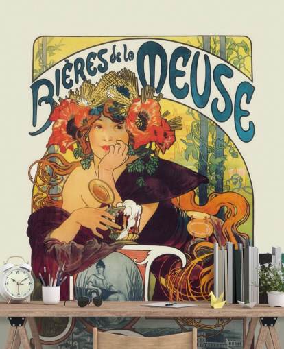 fine art wallpaper mural called Bieres de la Meuse by Alphonse Mucha by lounges and bedrooms